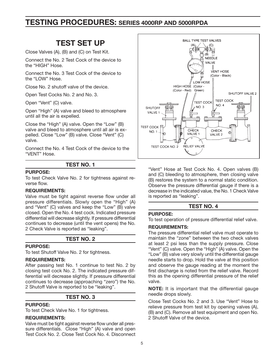 Testing procedures, Test set up | Ames Fire & Waterworks 5000RPDA Reduced Pressure Detector Assemblies User Manual | Page 5 / 16
