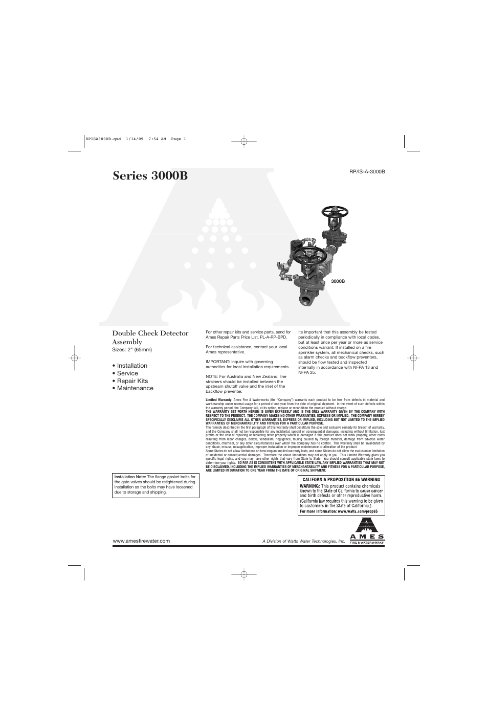 Ames Fire & Waterworks 3000B-FP Bronze Double Check Detector Assemblies with Gear Operated Slow Close Isolation Valves User Manual | 4 pages
