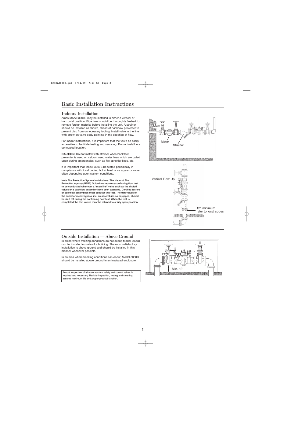 Basic installation instructions, Indoors installation, Outside installation — above ground | Ames Fire & Waterworks 3000B-FP Bronze Double Check Detector Assemblies with Gear Operated Slow Close Isolation Valves User Manual | Page 2 / 4