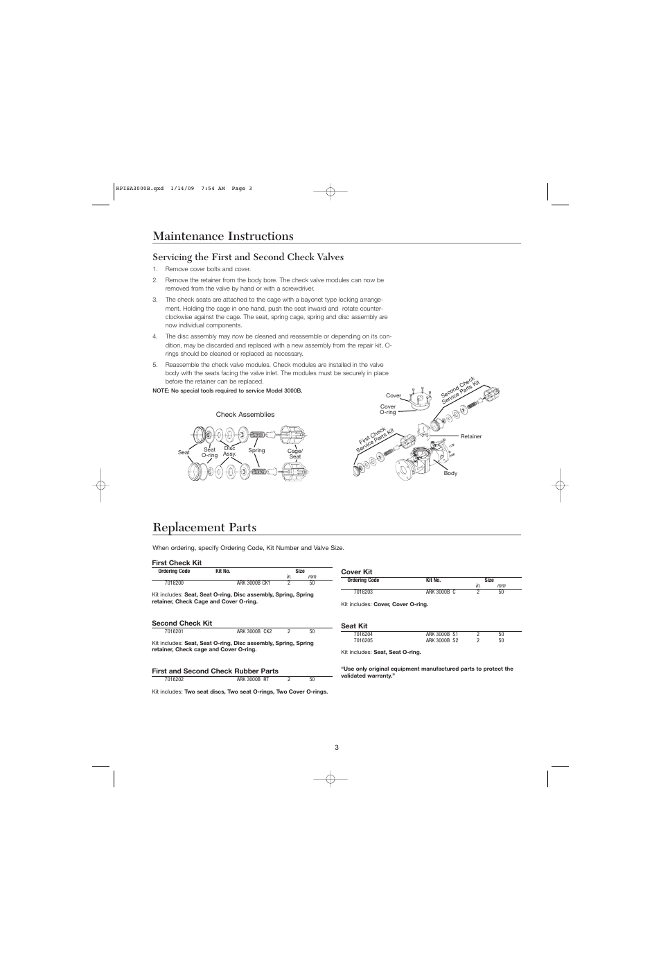 Maintenance instructions replacement parts, Servicing the first and second check valves | Ames Fire & Waterworks 3000B-FP Bronze Double Check Detector Assemblies with Gear Operated Slow Close Isolation Valves User Manual | Page 3 / 4