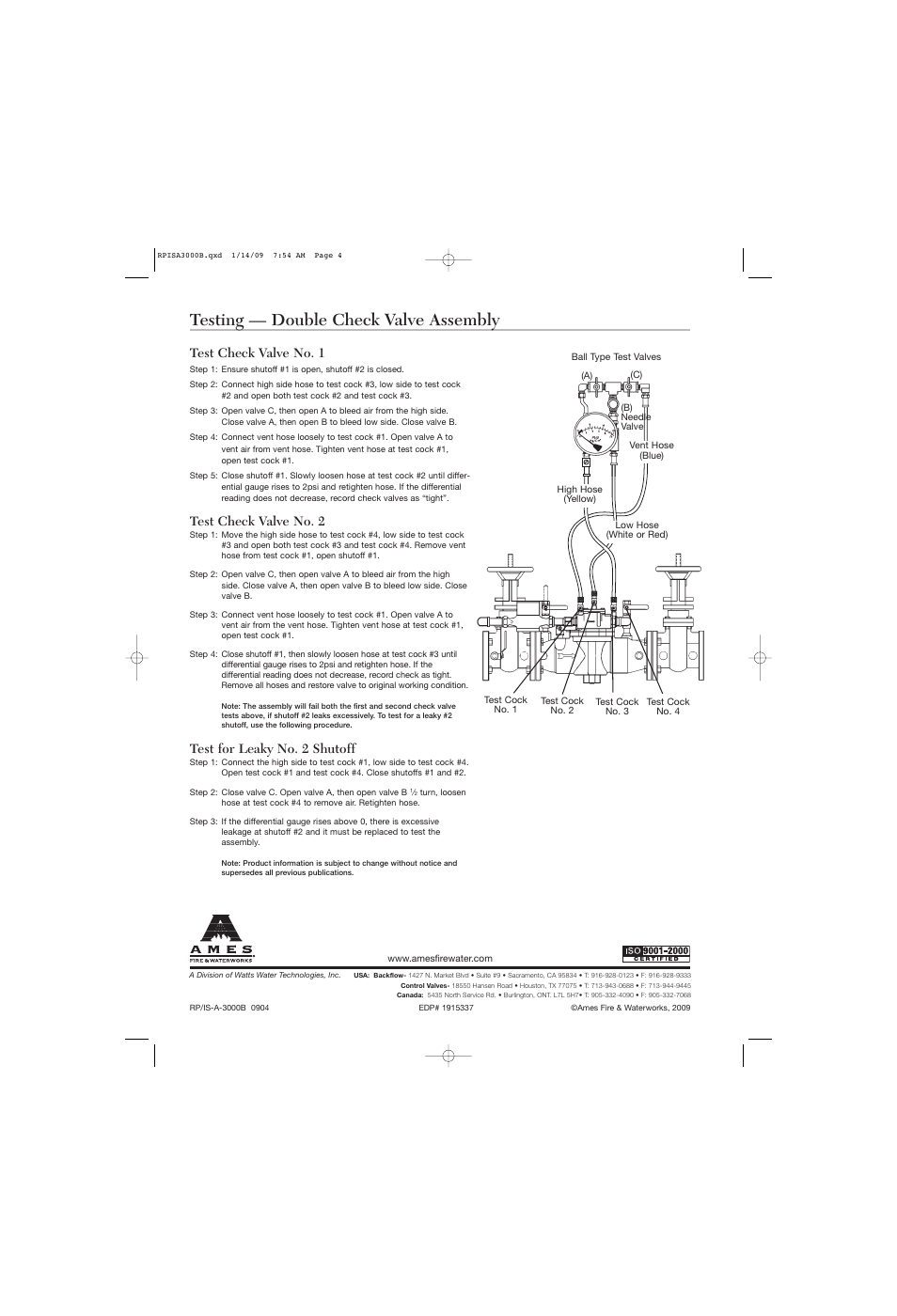 Testing — double check valve assembly, Test check valve no. 1, Test check valve no. 2 | Test for leaky no. 2 shutoff | Ames Fire & Waterworks 3000B-FP Bronze Double Check Detector Assemblies with Gear Operated Slow Close Isolation Valves User Manual | Page 4 / 4