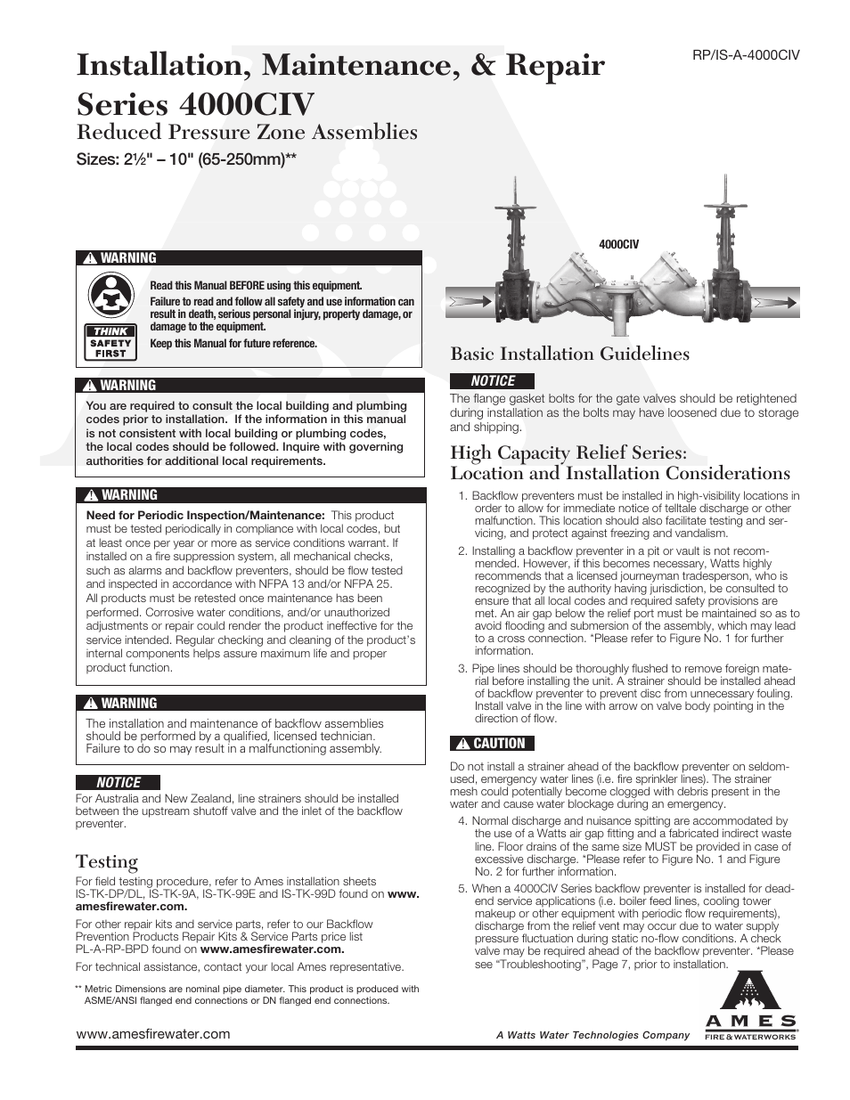 Ames Fire & Waterworks 4000CIV Cast Iron Reduced Pressure Zone Assemblies User Manual | 8 pages