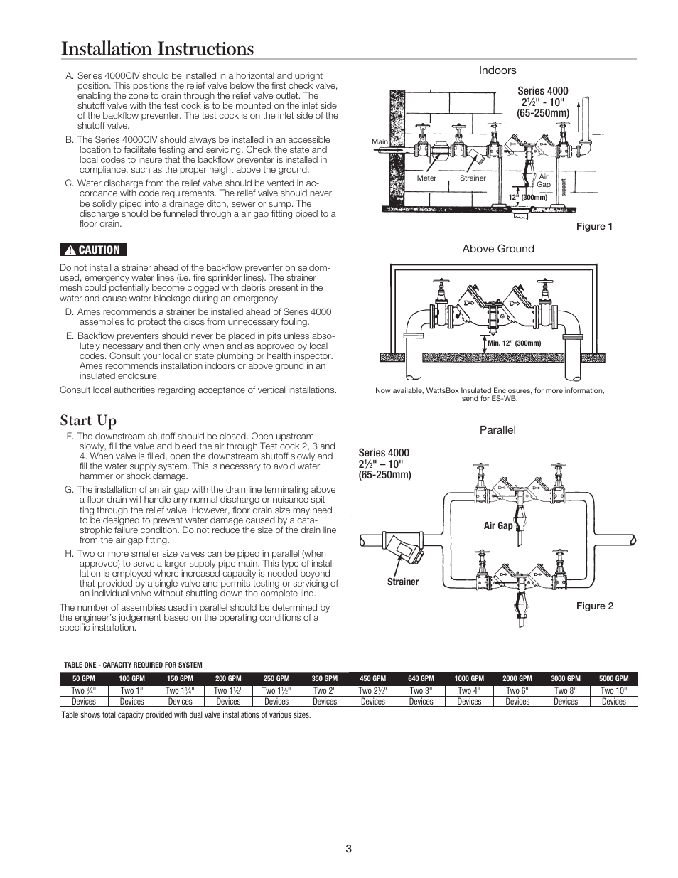 Installation instructions, Start up, Caution | Ames Fire & Waterworks 4000CIV Cast Iron Reduced Pressure Zone Assemblies User Manual | Page 3 / 8