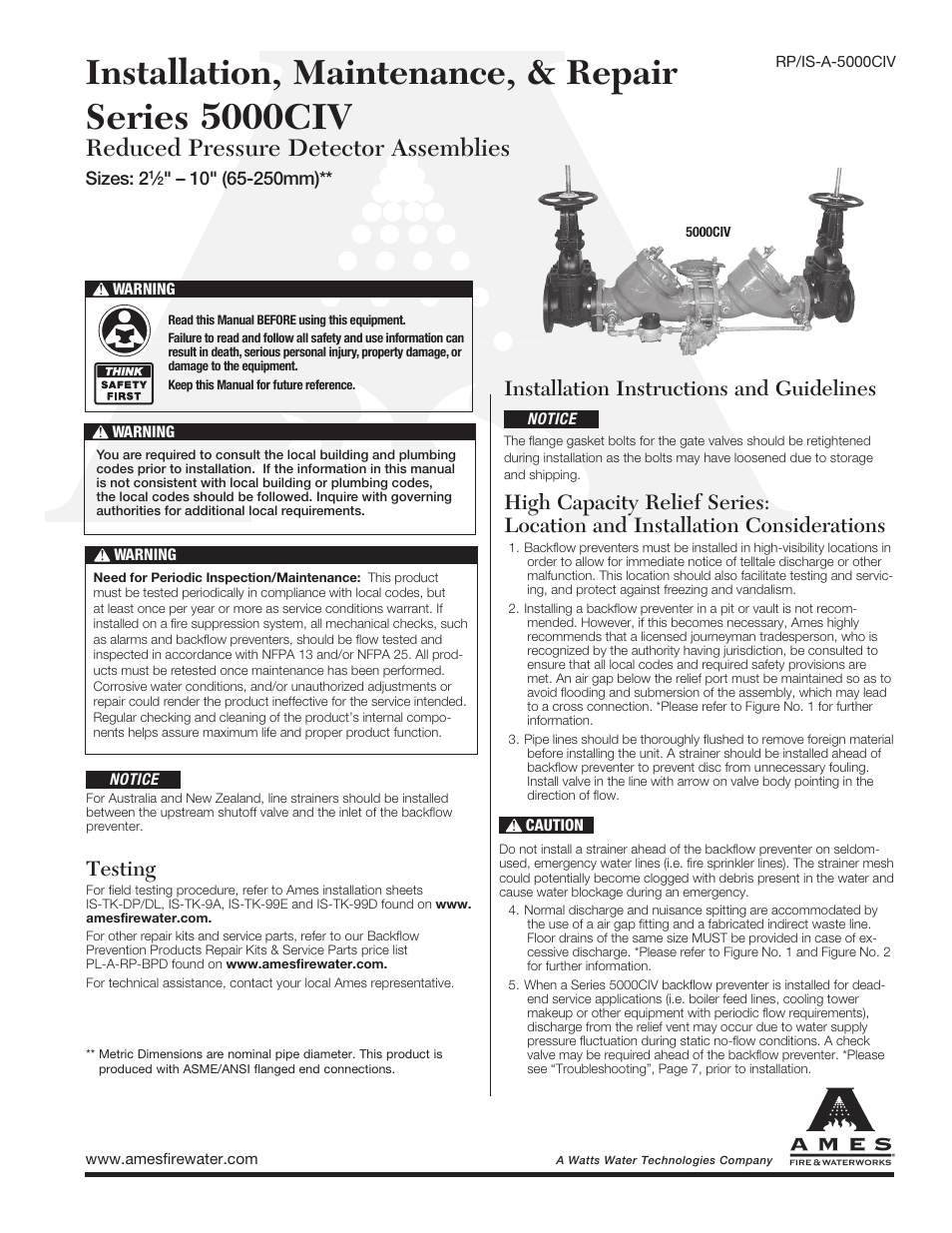 Ames Fire & Waterworks 5000CIV Cast Iron Reduced Pressure Detector Assemblies User Manual | 8 pages
