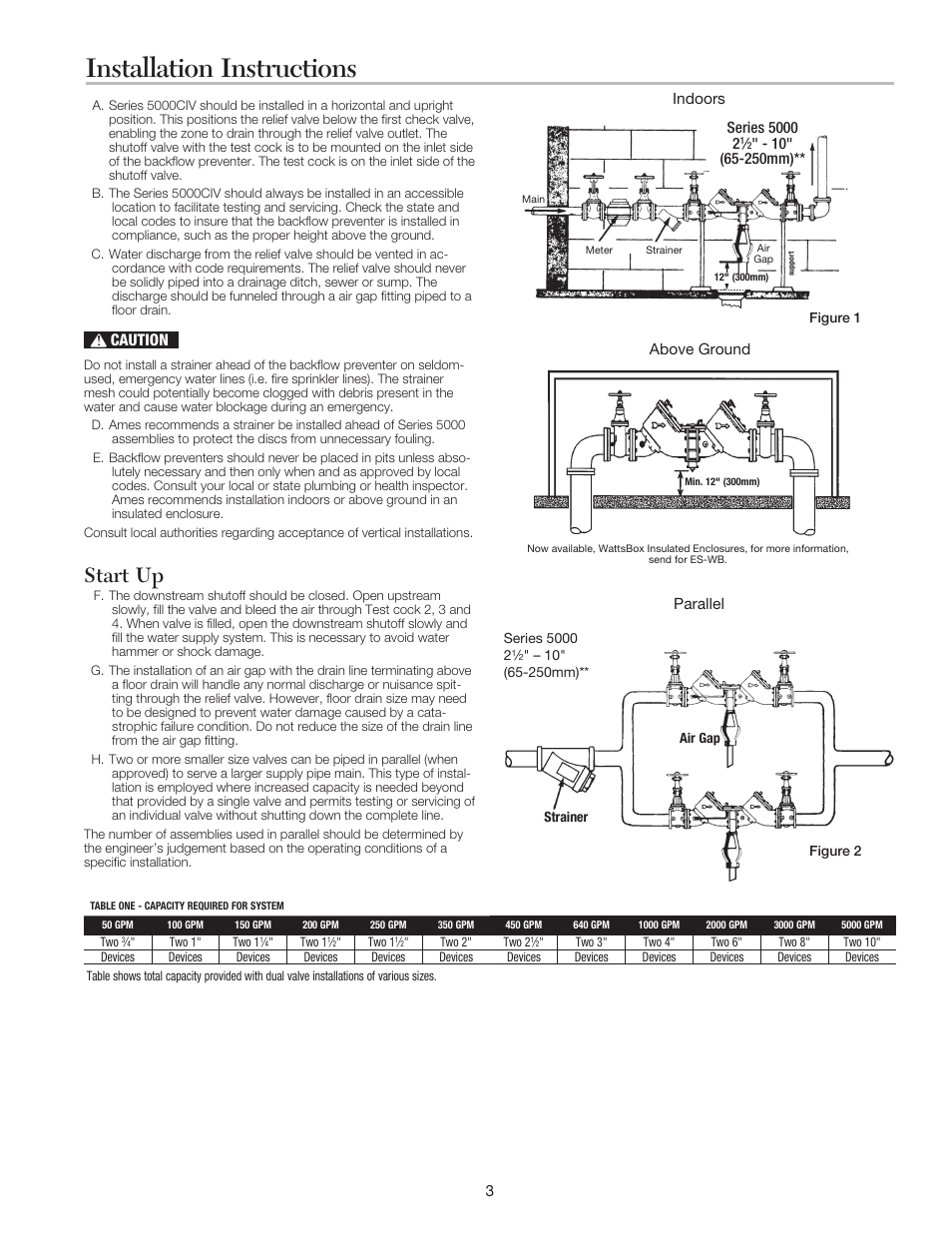 Installation instructions, Start up, Caution | Ames Fire & Waterworks 5000CIV Cast Iron Reduced Pressure Detector Assemblies User Manual | Page 3 / 8