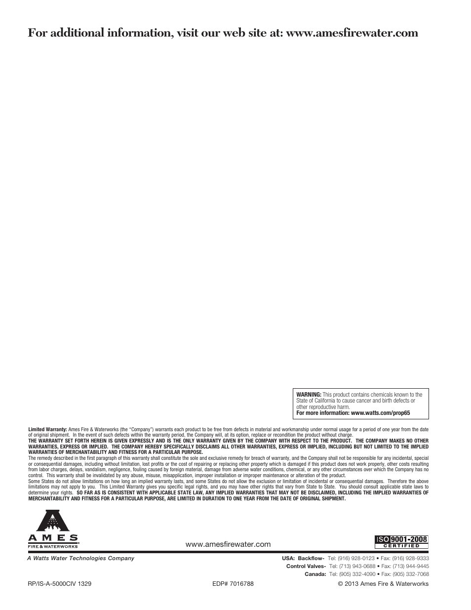 Ames Fire & Waterworks 5000CIV Cast Iron Reduced Pressure Detector Assemblies User Manual | Page 8 / 8