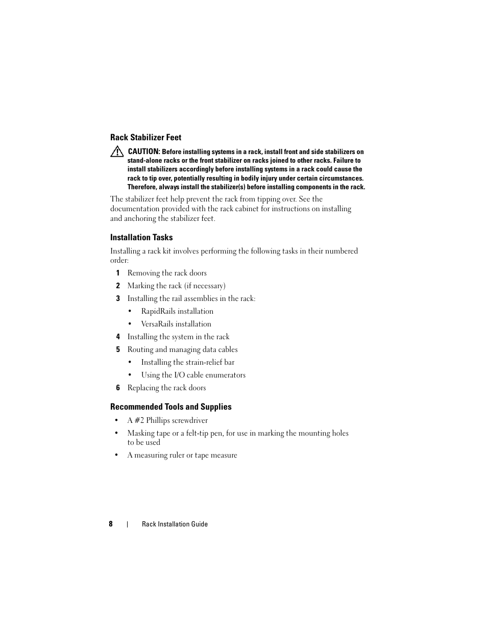 Rack stabilizer feet, Installation tasks, Recommended tools and supplies | Dell PowerEdge M805 User Manual | Page 10 / 144