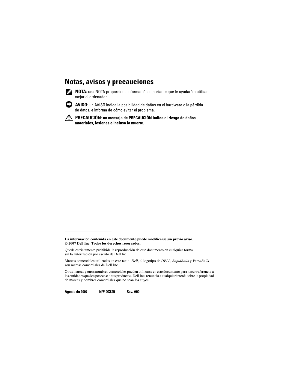 Notas, avisos y precauciones | Dell PowerEdge M805 User Manual | Page 116 / 144