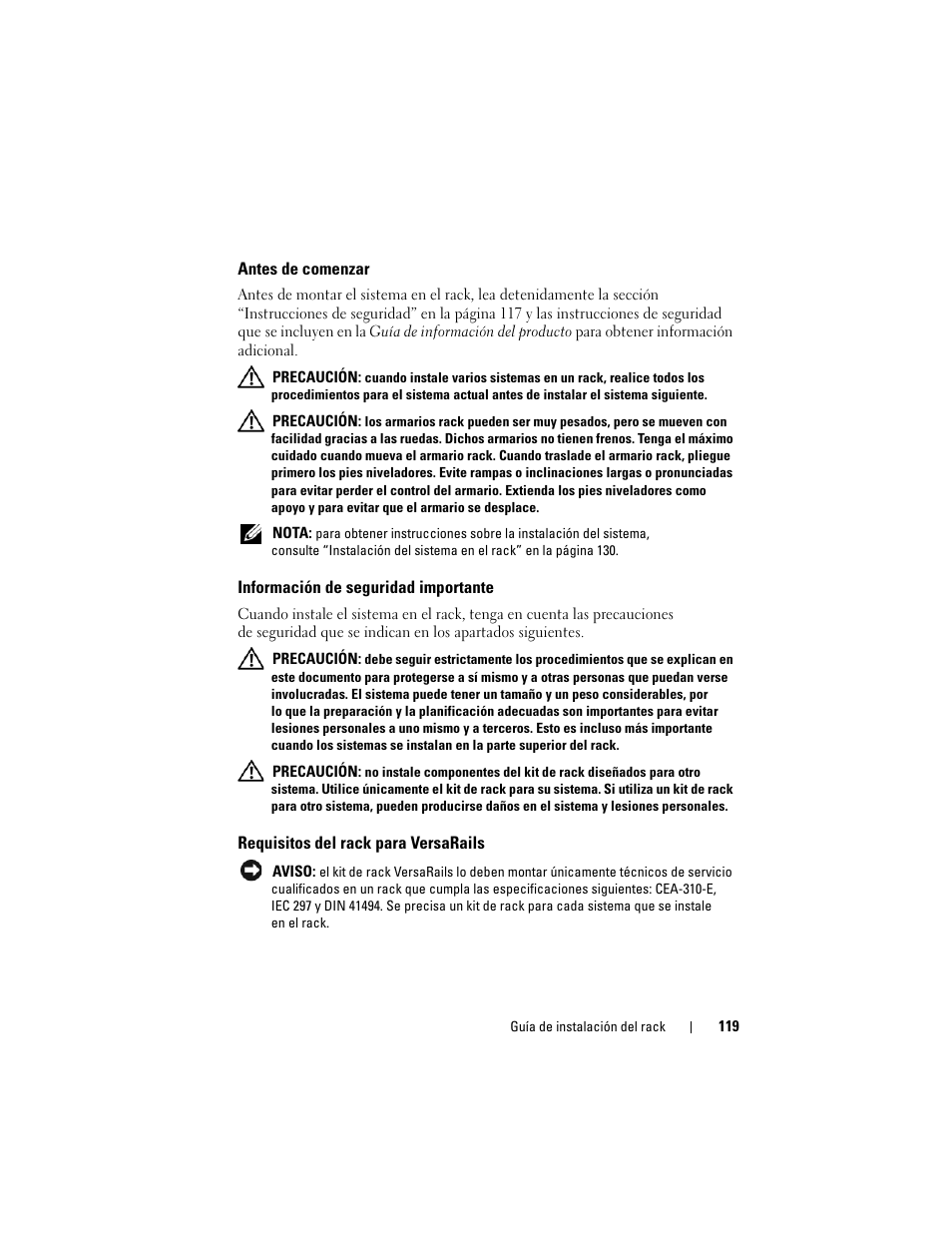 Antes de comenzar, Información de seguridad importante, Requisitos del rack para versarails | Dell PowerEdge M805 User Manual | Page 121 / 144