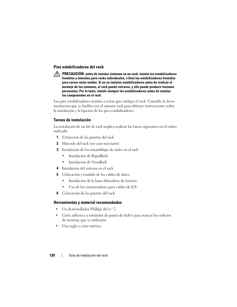 Pies estabilizadores del rack, Tareas de instalación, Herramientas y material recomendados | Dell PowerEdge M805 User Manual | Page 122 / 144