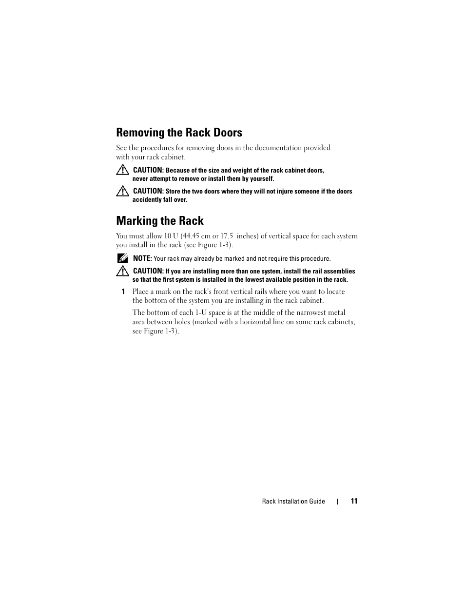 Removing the rack doors, Marking the rack | Dell PowerEdge M805 User Manual | Page 13 / 144