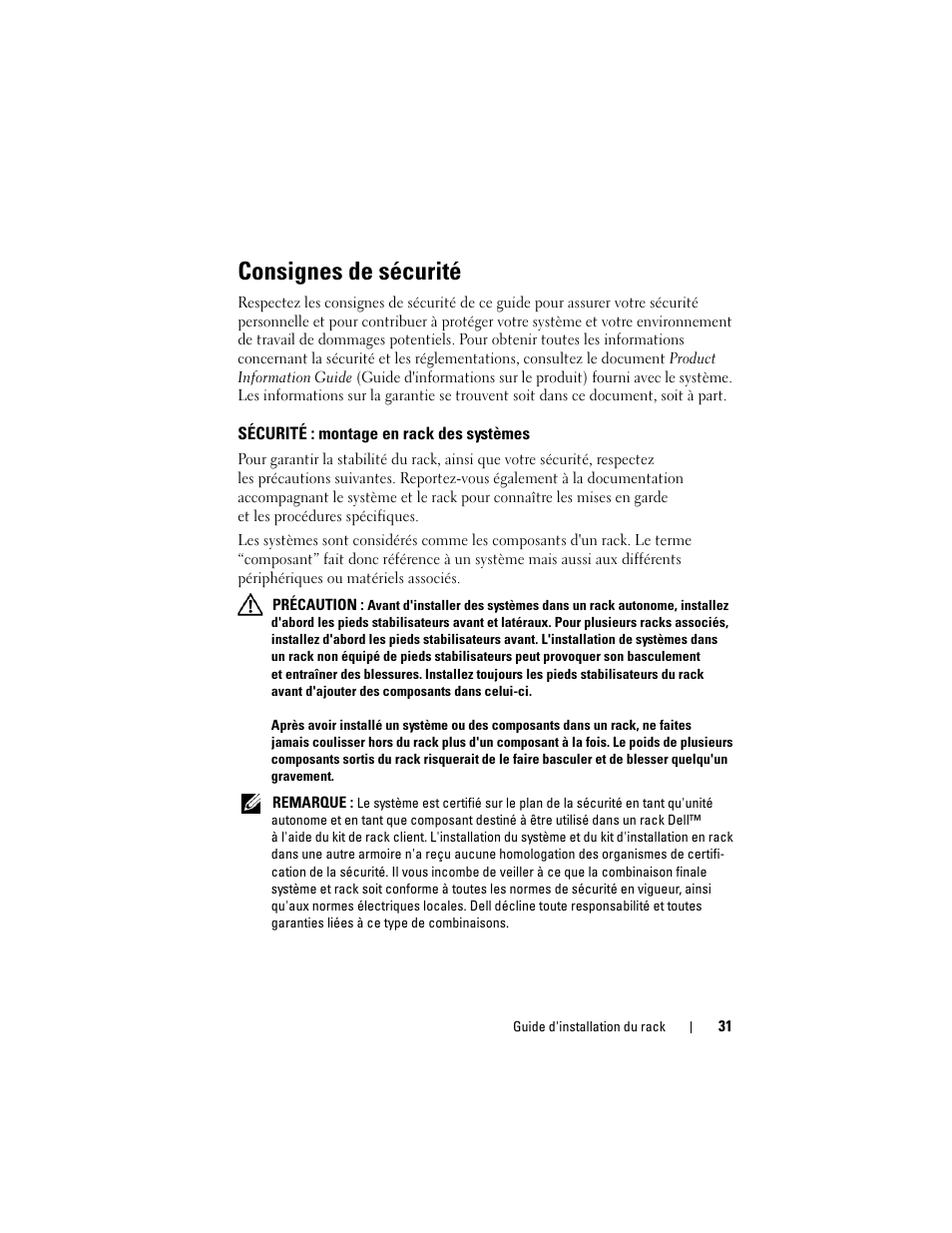 Consignes de sécurité, Sécurité : montage en rack des systèmes | Dell PowerEdge M805 User Manual | Page 33 / 144