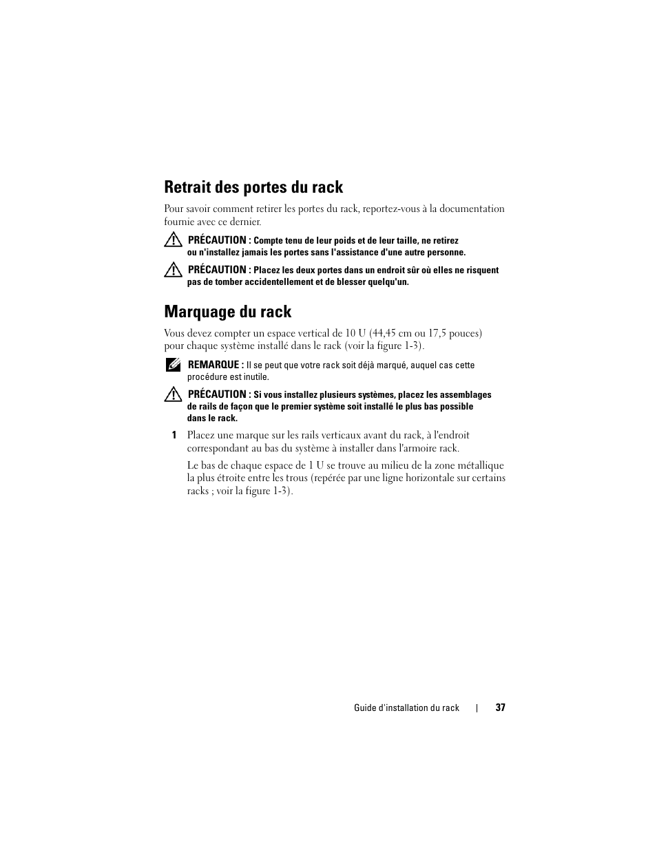 Retrait des portes du rack, Marquage du rack | Dell PowerEdge M805 User Manual | Page 39 / 144