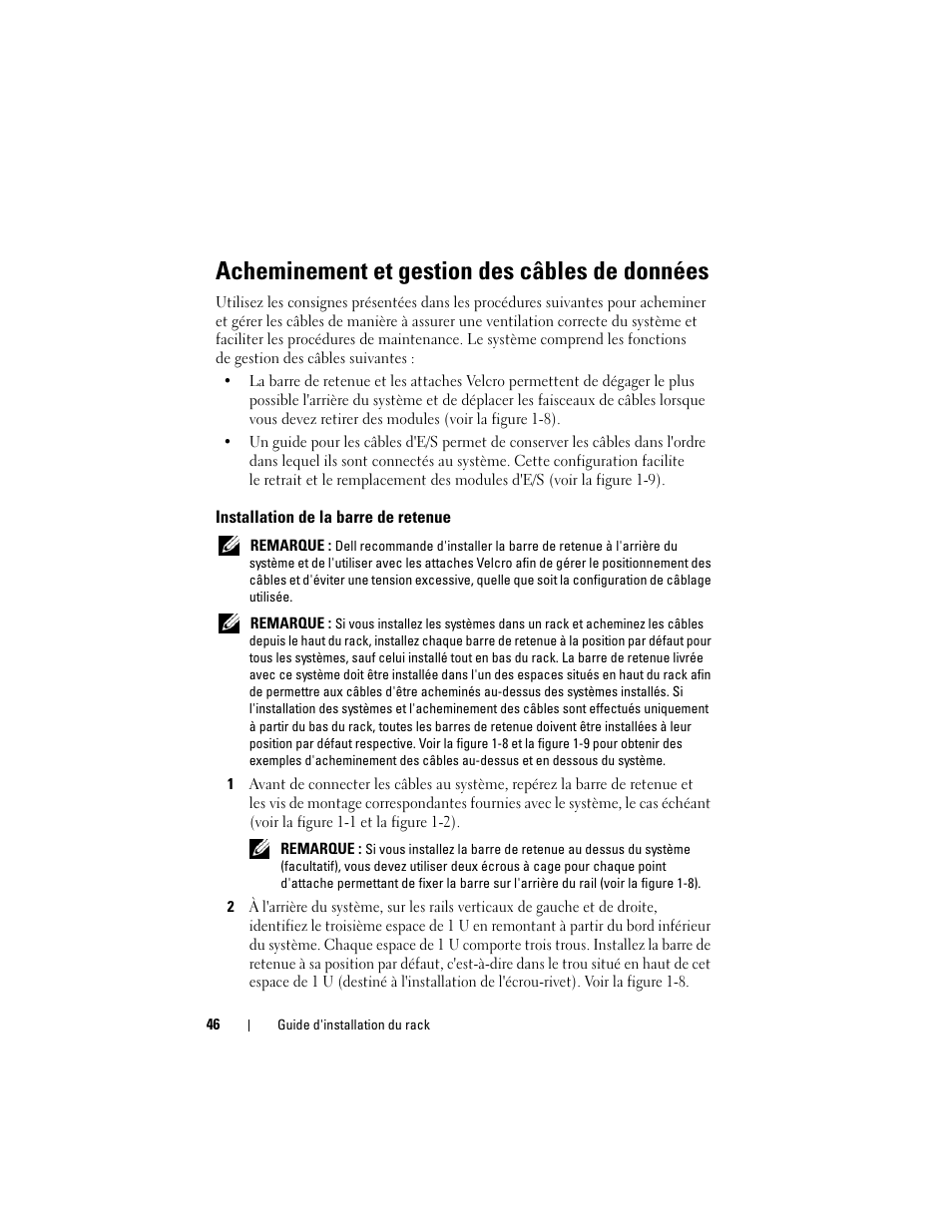 Acheminement et gestion des câbles de données, Installation de la barre de retenue | Dell PowerEdge M805 User Manual | Page 48 / 144
