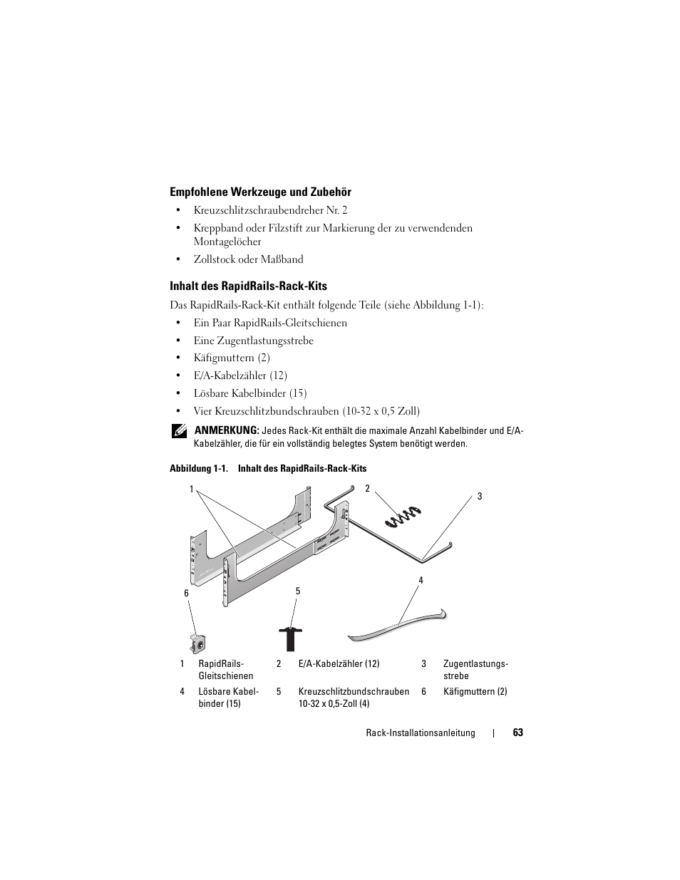 Empfohlene werkzeuge und zubehör, Inhalt des rapidrails-rack-kits | Dell PowerEdge M805 User Manual | Page 65 / 144