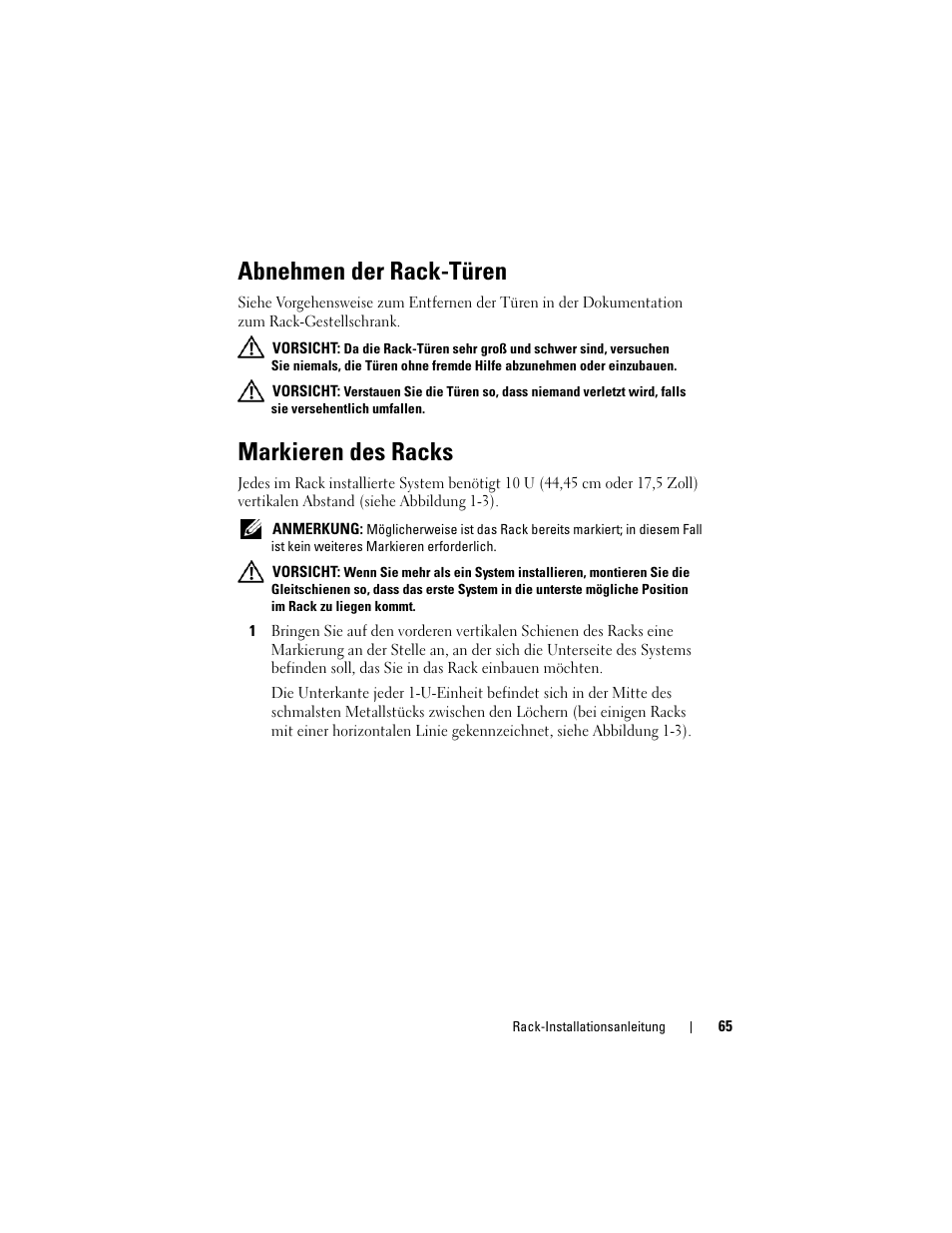 Abnehmen der rack-türen, Markieren des racks | Dell PowerEdge M805 User Manual | Page 67 / 144