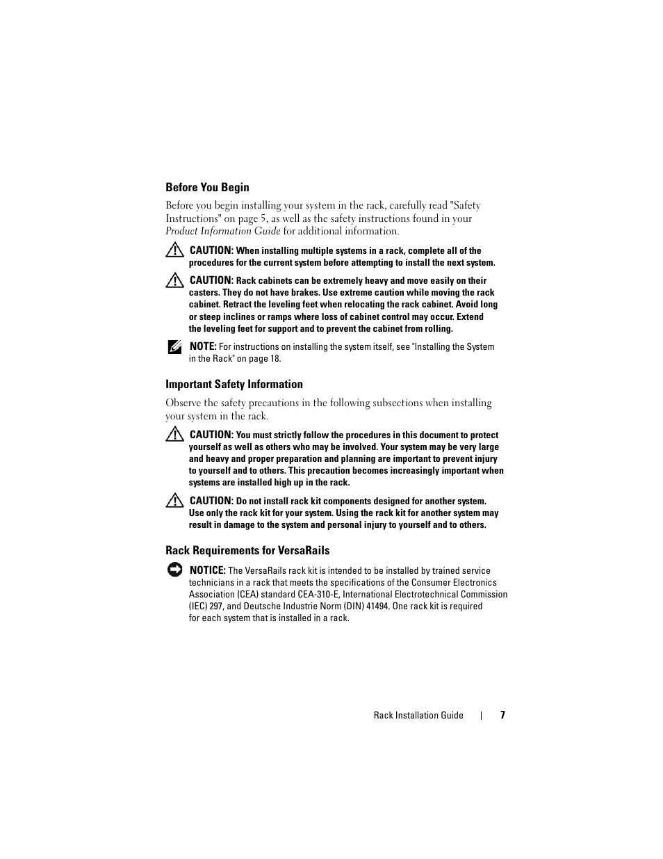 Before you begin, Important safety information, Rack requirements for versarails | Dell PowerEdge M805 User Manual | Page 9 / 144