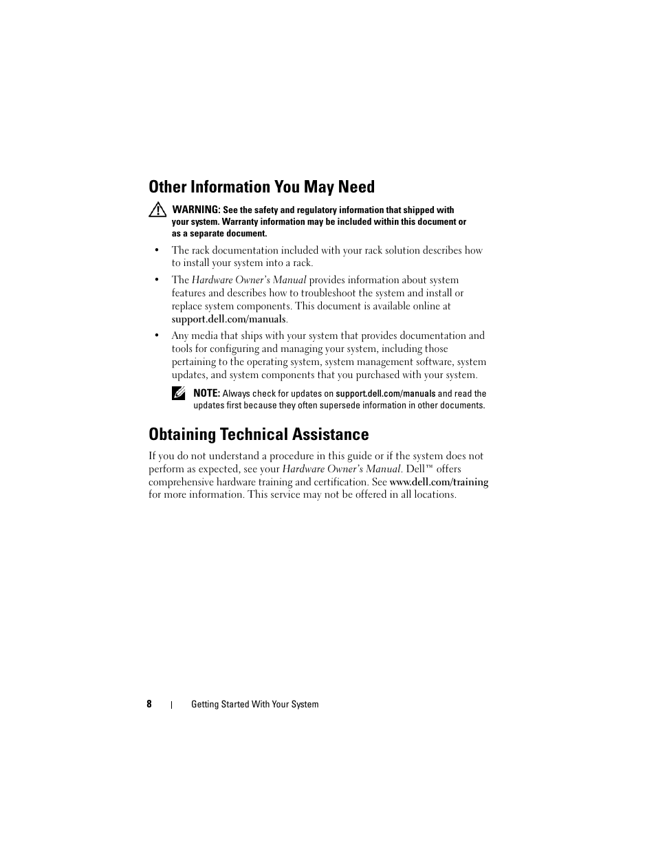 Other information you may need, Obtaining technical assistance | Dell PowerEdge R310 User Manual | Page 10 / 54