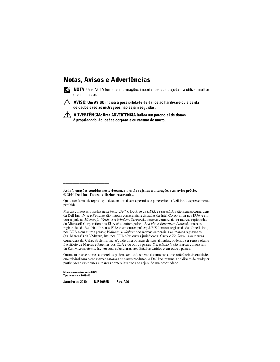 Notas, avisos e advertências | Dell PowerEdge R310 User Manual | Page 30 / 54