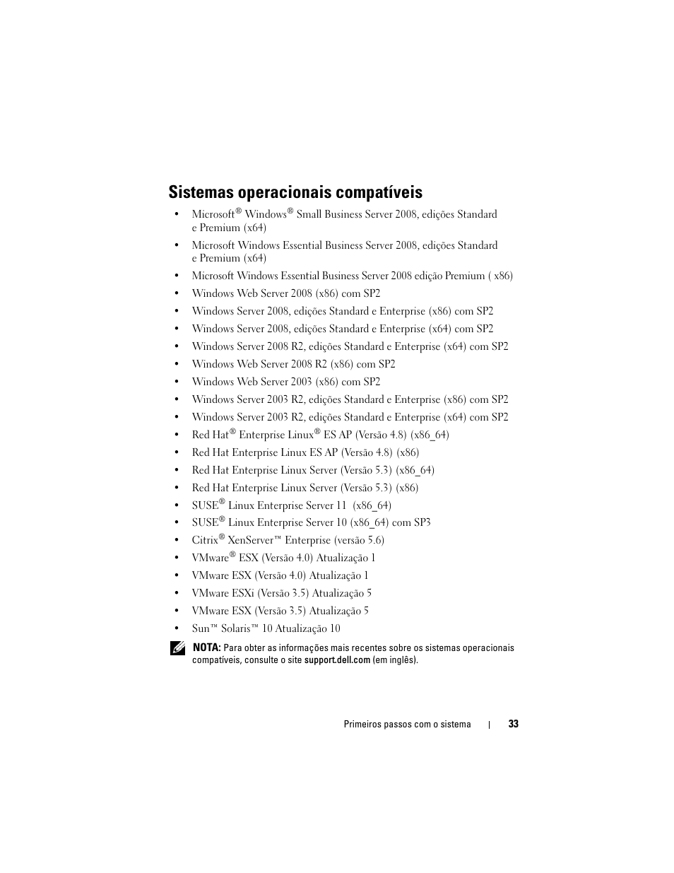 Sistemas operacionais compatíveis | Dell PowerEdge R310 User Manual | Page 35 / 54