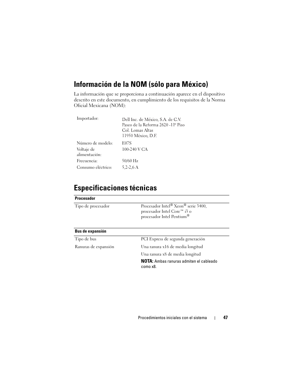 Información de la nom (sólo para méxico), Especificaciones técnicas | Dell PowerEdge R310 User Manual | Page 49 / 54