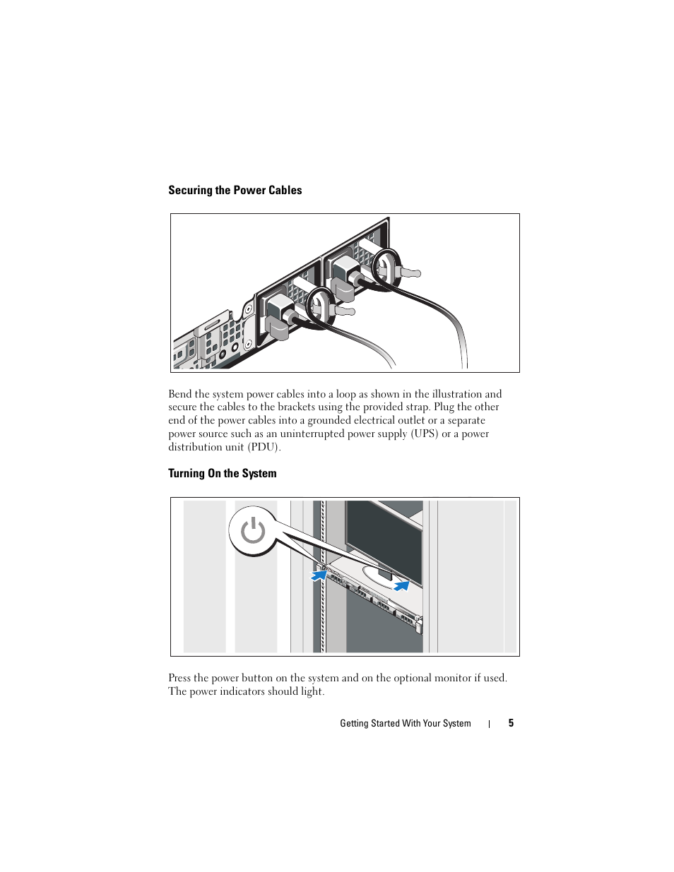 Securing the power cables, Turning on the system | Dell PowerEdge R310 User Manual | Page 7 / 54