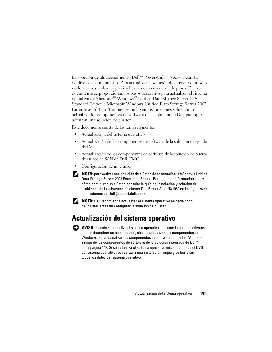 Actualización del sistema operativo | Dell PowerVault NX1950 User Manual | Page 143 / 158