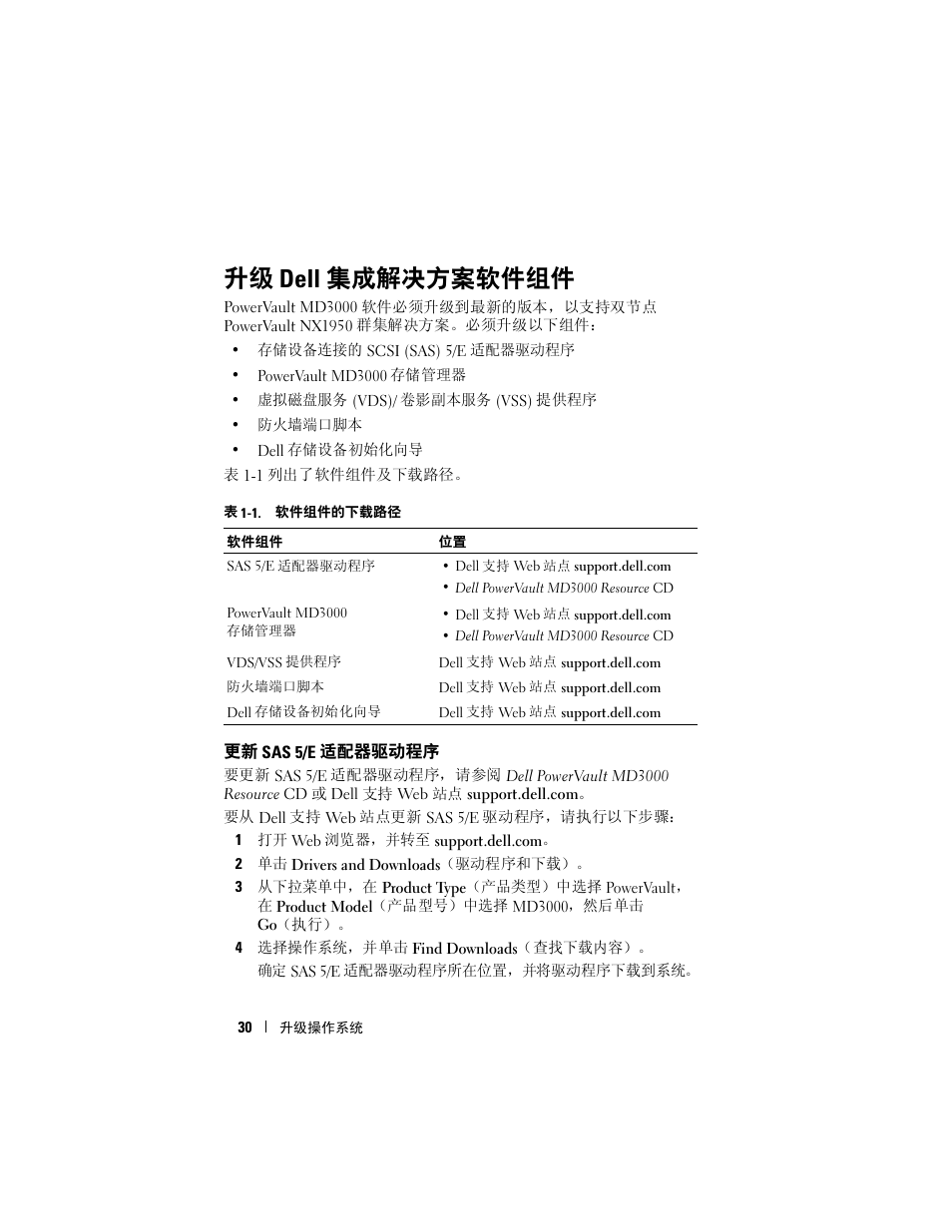 升级 dell 集成解决方案软件组件, 更新 sas 5/e 适配器驱动程序, 解决方案软件组件，请参阅第 30 页上的“升级 dell 集成解决 | 方案软件组件”。如果通过从操作系统, 件组件。有关升级软件组件的信息，请参阅第 30 页上的“升级 dell, 集成解决方案软件组件 | Dell PowerVault NX1950 User Manual | Page 32 / 158