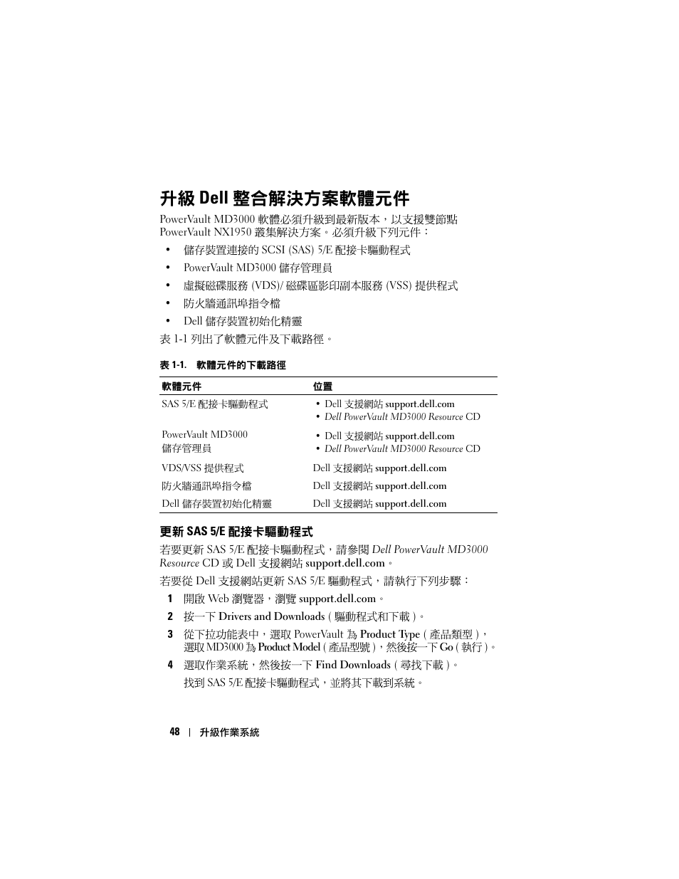 升級 dell 整合解決方案軟體元件, 更新 sas 5/e 配接元驅動程式, 更新 sas 5/e 配接卡驅動程式 | 解決方案軟體元件，請參閱第 48 頁的「升級 dell 整合解決, 方案軟體元件」。如果透過從作業系統, 元件。如需升級軟體元件的資訊，請參閱第 48 頁的「升級 dell 整, 合解決方案軟體元件 | Dell PowerVault NX1950 User Manual | Page 50 / 158