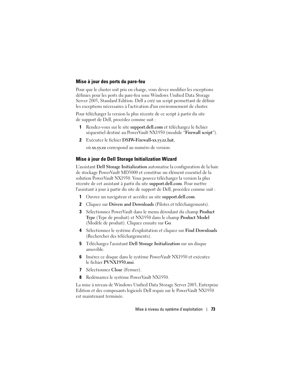 Mise à jour des ports du pare-feu, Mise à jour de dell storage initialization wizard | Dell PowerVault NX1950 User Manual | Page 75 / 158