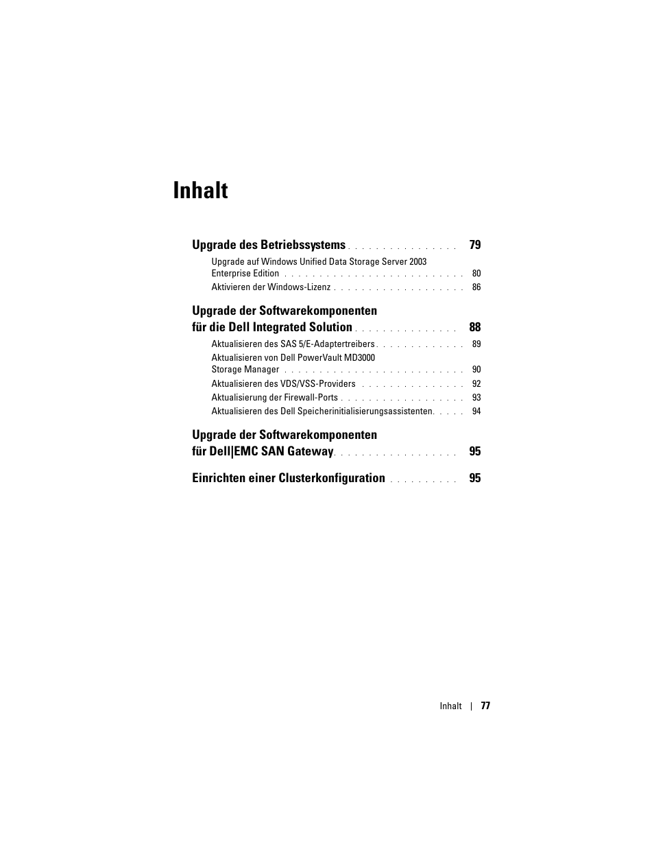 Inhalt, Upgrade des betriebssystems, 95 einrichten einer clusterkonfiguration | Dell PowerVault NX1950 User Manual | Page 79 / 158