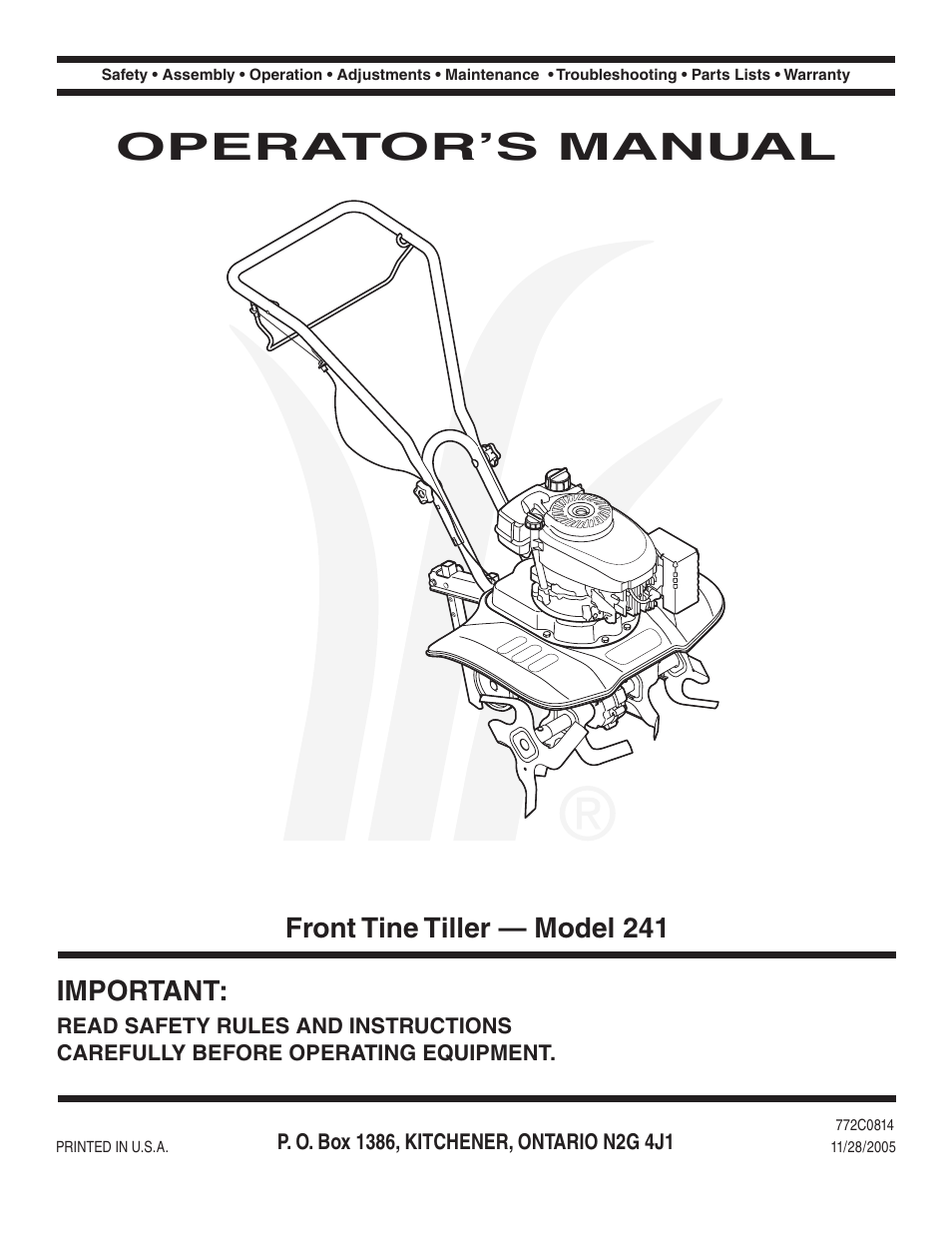 MTD Front Tine Tiller — Model 241 User Manual | 32 pages