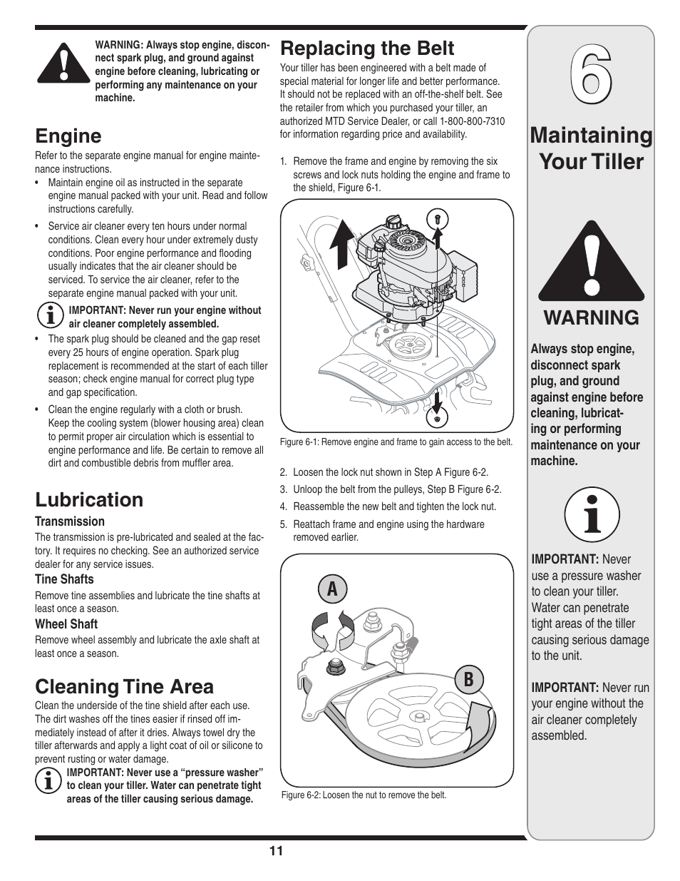 Maintaining your tiller, Warning replacing the belt, Engine | Lubrication, Cleaning tine area | MTD Front Tine Tiller — Model 241 User Manual | Page 11 / 32