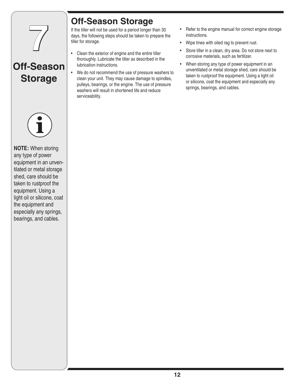 Off-season storage | MTD Front Tine Tiller — Model 241 User Manual | Page 12 / 32