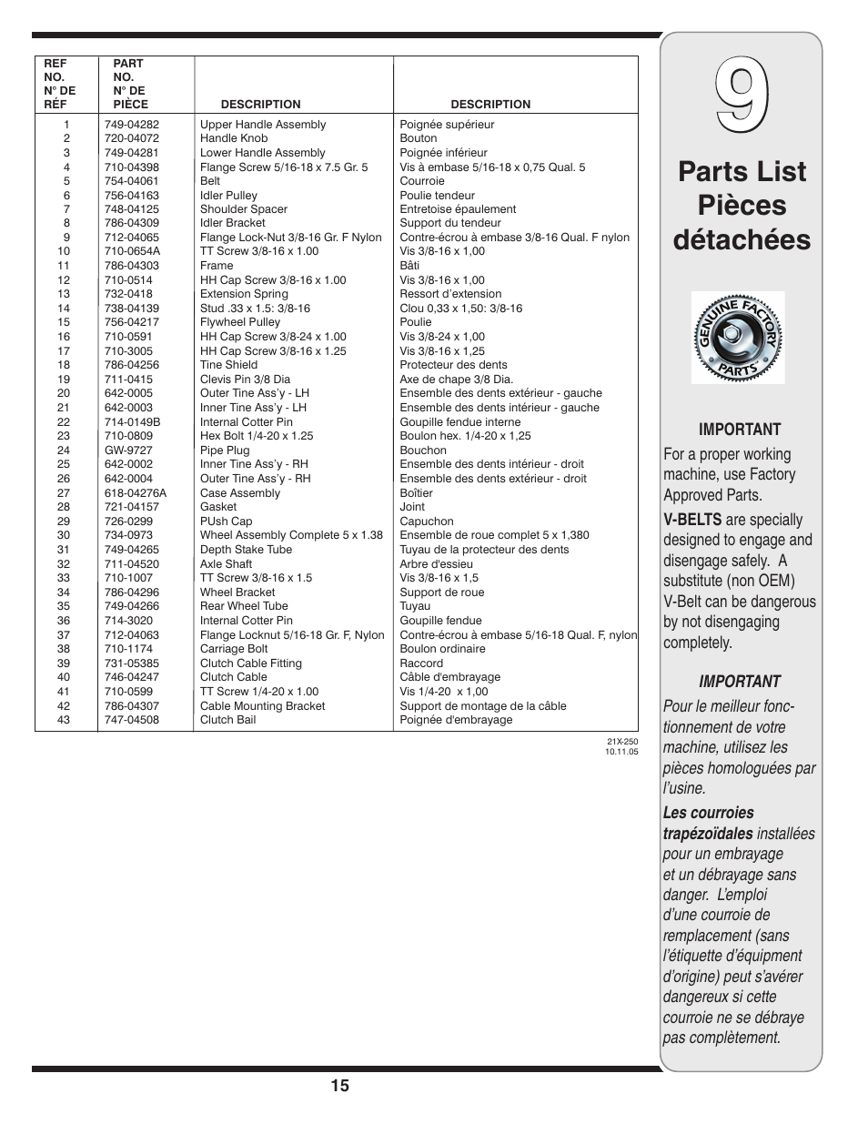 Parts list pièces détachées | MTD Front Tine Tiller — Model 241 User Manual | Page 15 / 32