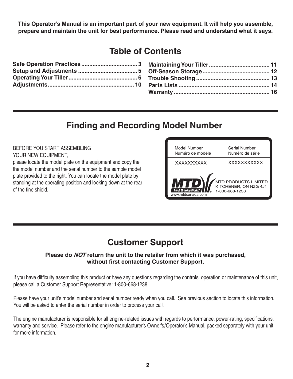 MTD Front Tine Tiller — Model 241 User Manual | Page 2 / 32