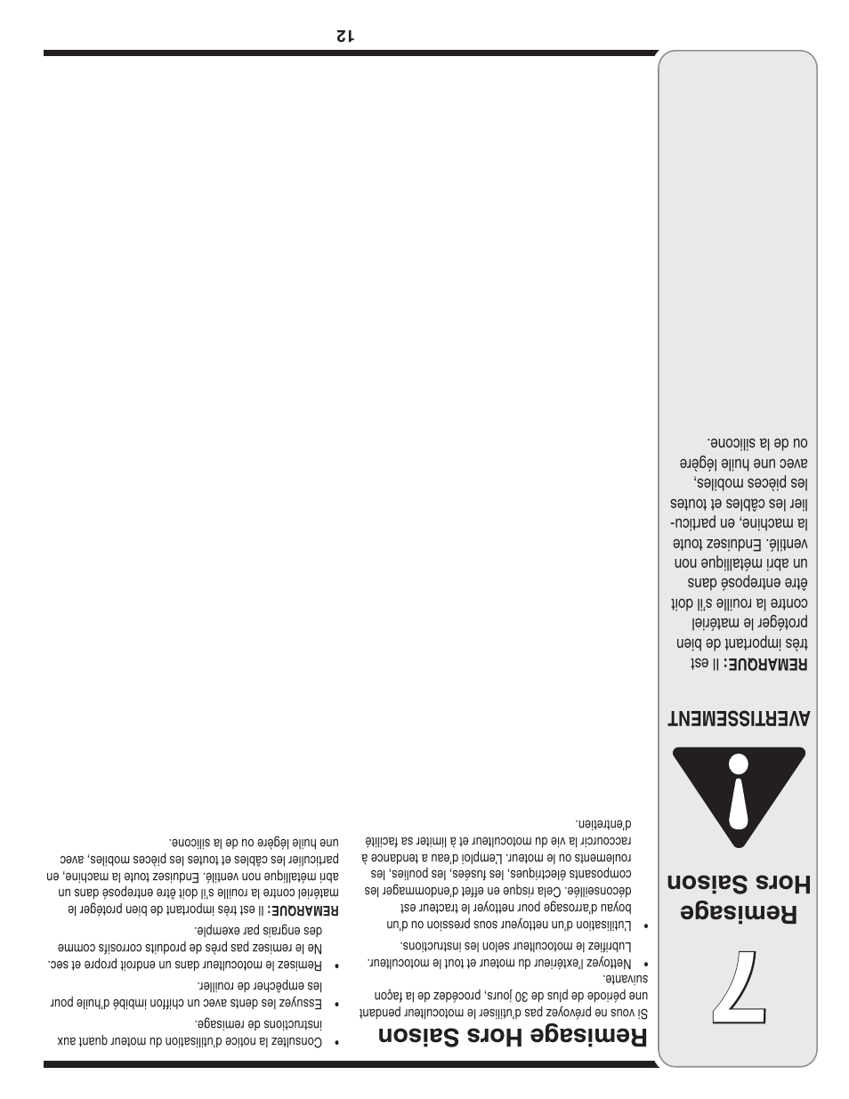 Remisag e hors saison, Aver tissement | MTD Front Tine Tiller — Model 241 User Manual | Page 21 / 32