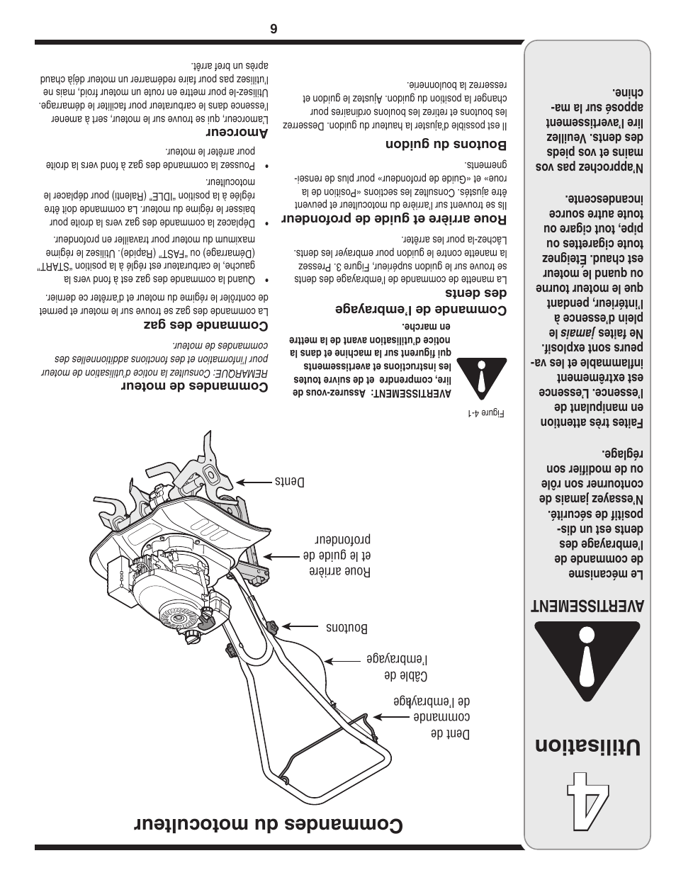 Utilisation, Commandes du motoculteur, Aver tissement | MTD Front Tine Tiller — Model 241 User Manual | Page 27 / 32