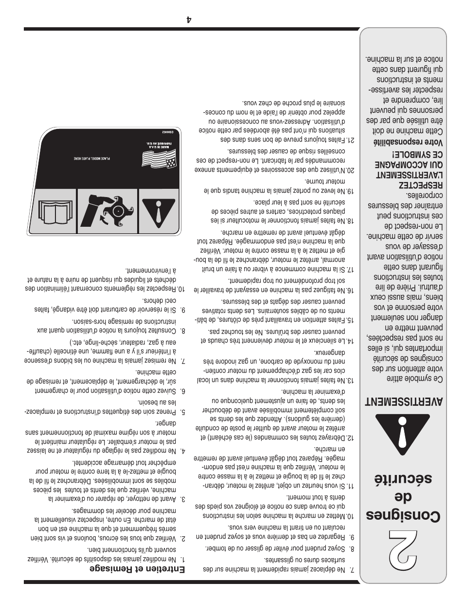 Con sig nes de sécurité, Aver tissement | MTD Front Tine Tiller — Model 241 User Manual | Page 29 / 32