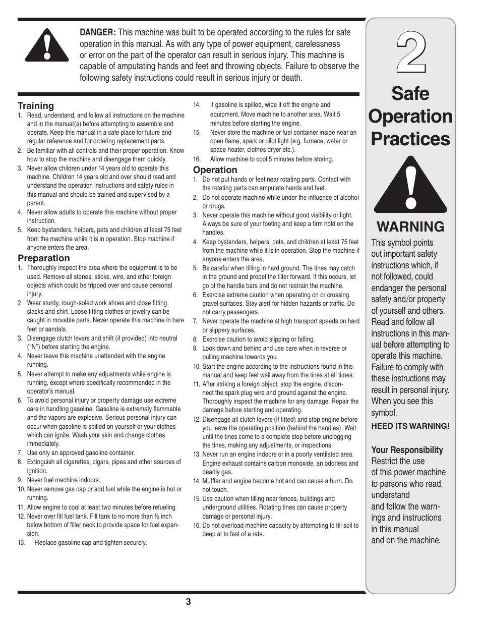 Safe operation practices, Warning | MTD Front Tine Tiller — Model 241 User Manual | Page 3 / 32