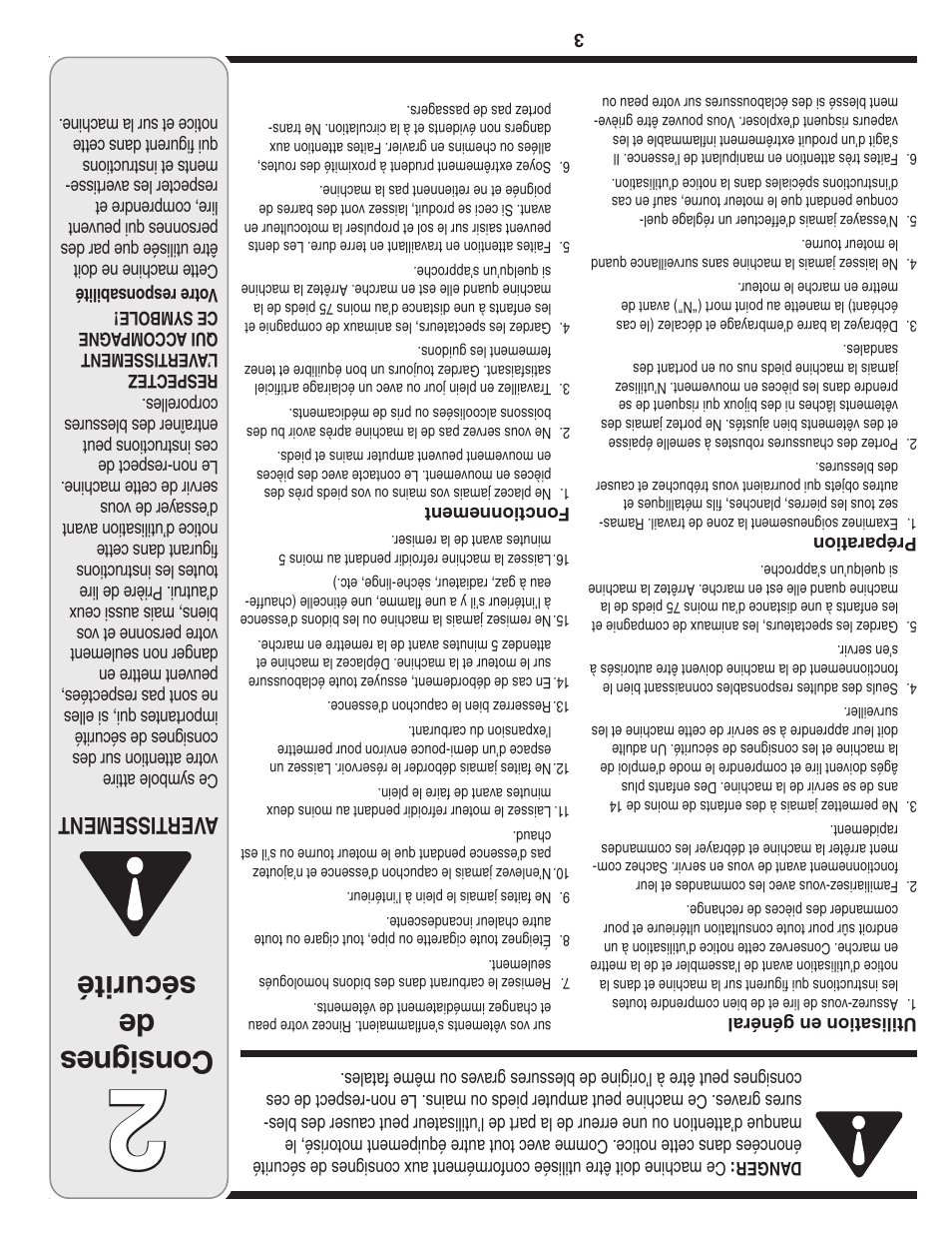 Con sig nes de sécurité, Aver tissement | MTD Front Tine Tiller — Model 241 User Manual | Page 30 / 32