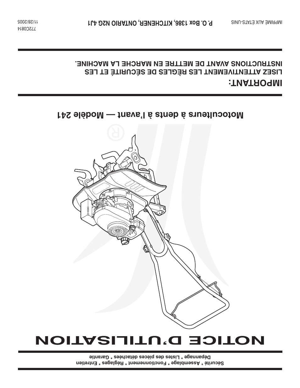 Notice d’utilisa tion, Motoculteurs à dents à l’a vant — modèle 241, Important | MTD Front Tine Tiller — Model 241 User Manual | Page 32 / 32