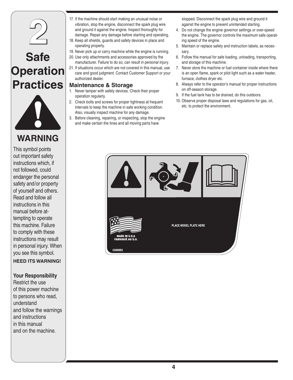 Safe operation practices, Warning | MTD Front Tine Tiller — Model 241 User Manual | Page 4 / 32