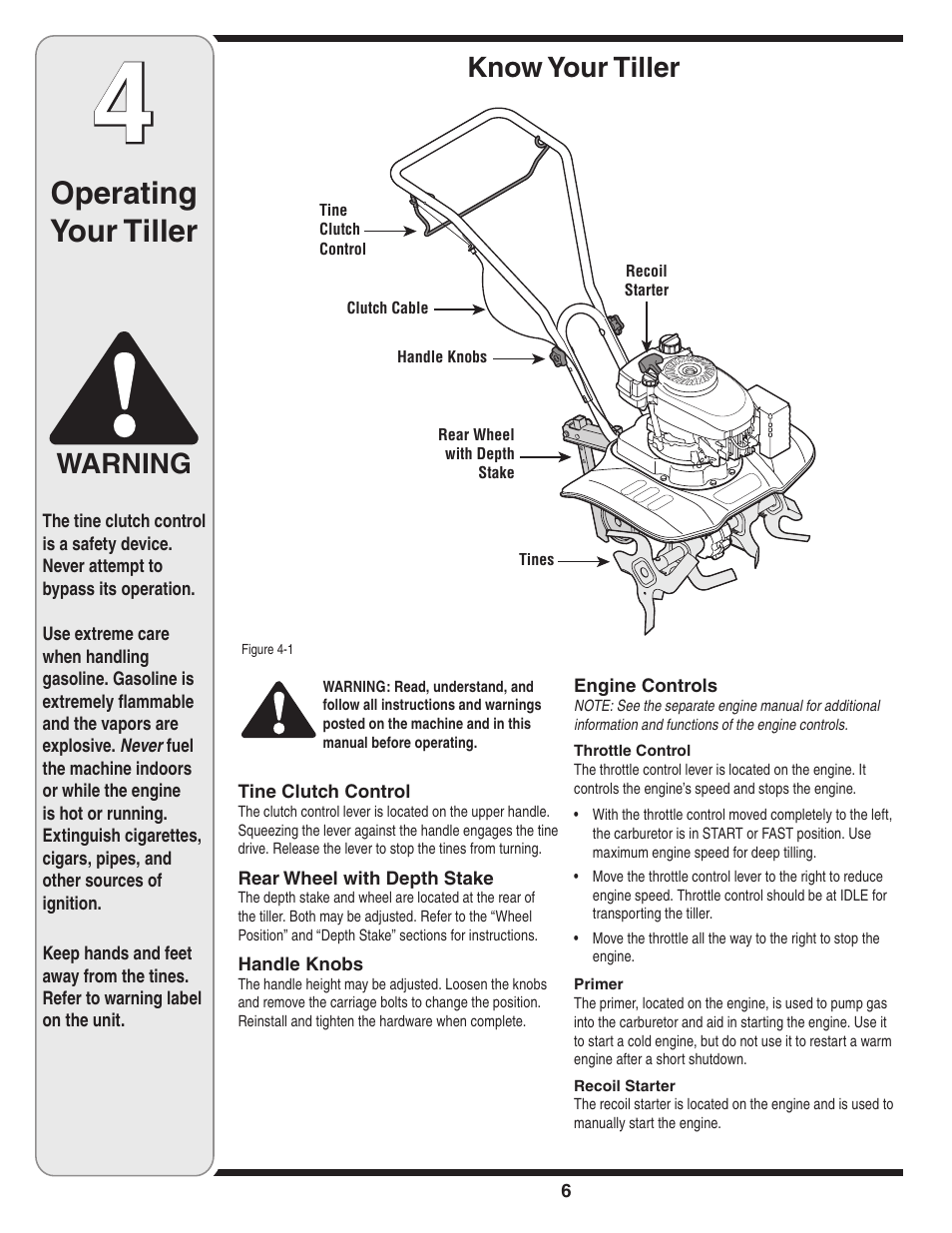 Operating your tiller, Warning, Know your tiller | MTD Front Tine Tiller — Model 241 User Manual | Page 6 / 32