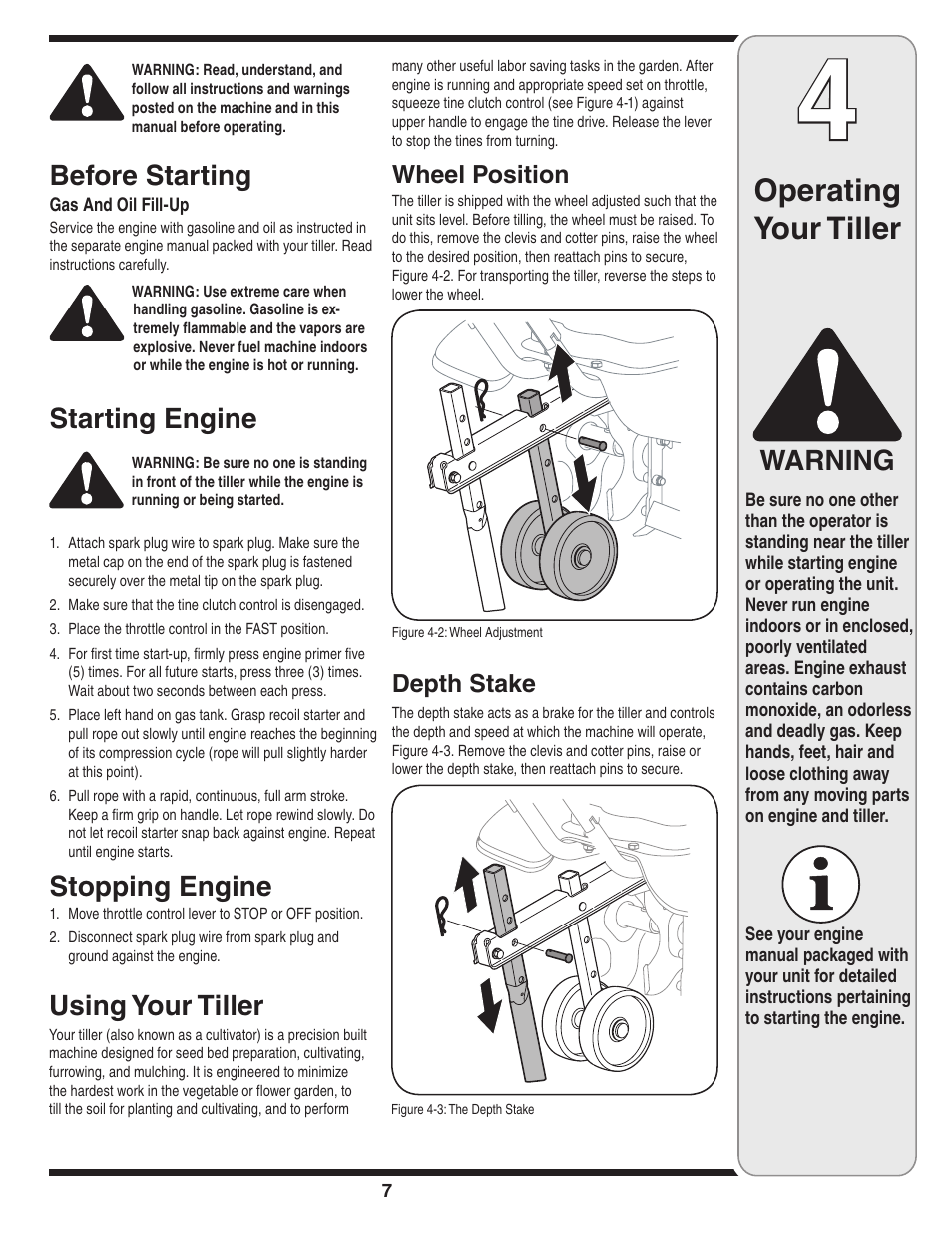 Operating your tiller, Using your tiller, Warning | Before starting, Starting engine, Stopping engine, Wheel position, Depth stake | MTD Front Tine Tiller — Model 241 User Manual | Page 7 / 32