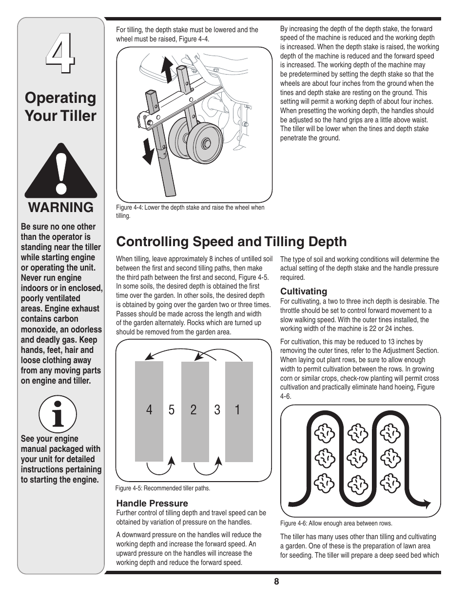 Operating your tiller, Warning, Controlling speed and tilling depth | MTD Front Tine Tiller — Model 241 User Manual | Page 8 / 32