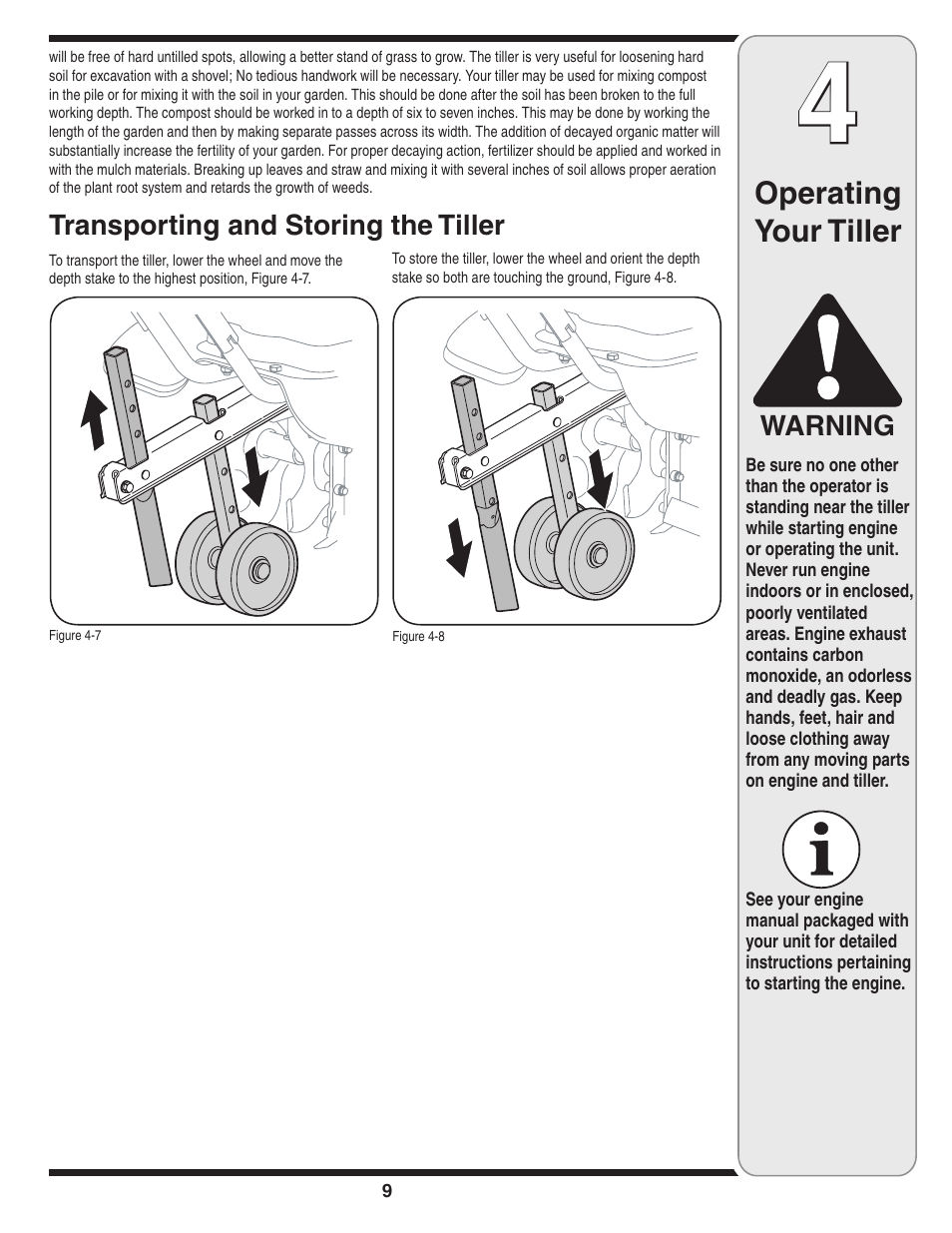 Operating your tiller, Warning, Transporting and storing the tiller | MTD Front Tine Tiller — Model 241 User Manual | Page 9 / 32