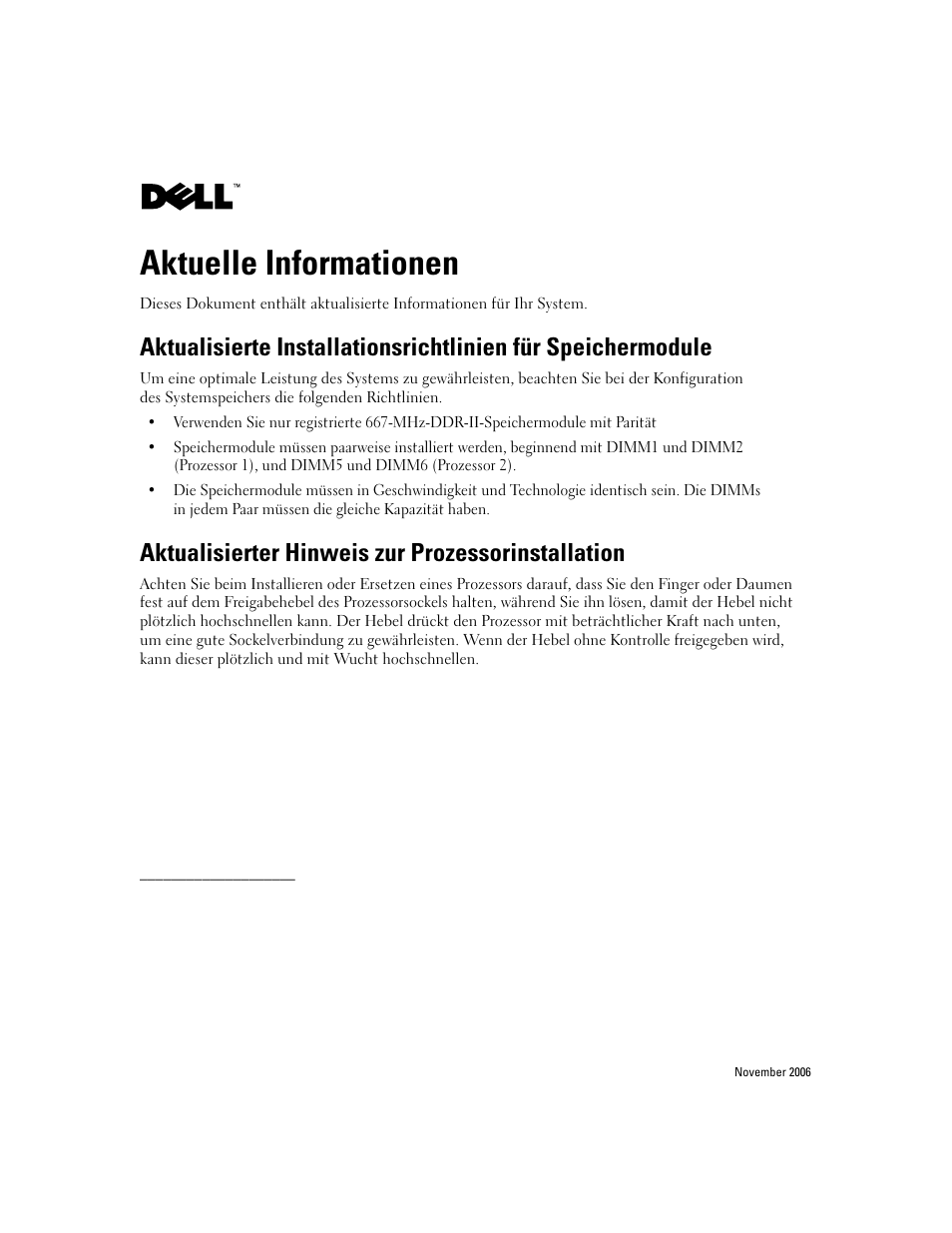 Aktuelle informationen, Aktualisierter hinweis zur prozessorinstallation | Dell PowerEdge SC1435 User Manual | Page 4 / 7