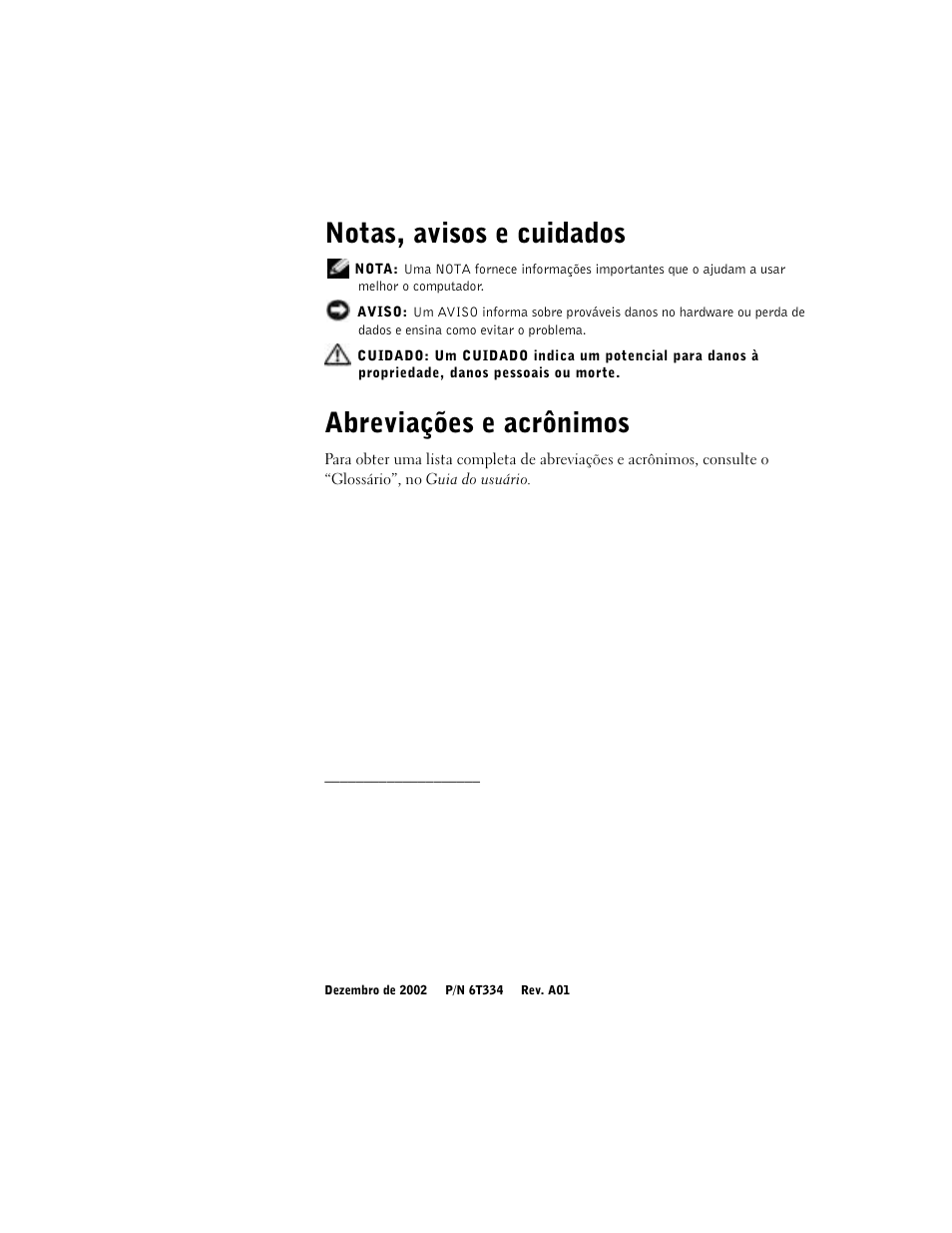 Notas, avisos e cuidados, Abreviações e acrônimos | Dell Precision 650 User Manual | Page 104 / 208