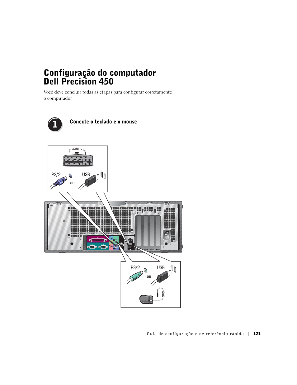 Configuração do computador dell precision 450, Conecte o teclado e o mouse | Dell Precision 650 User Manual | Page 121 / 208